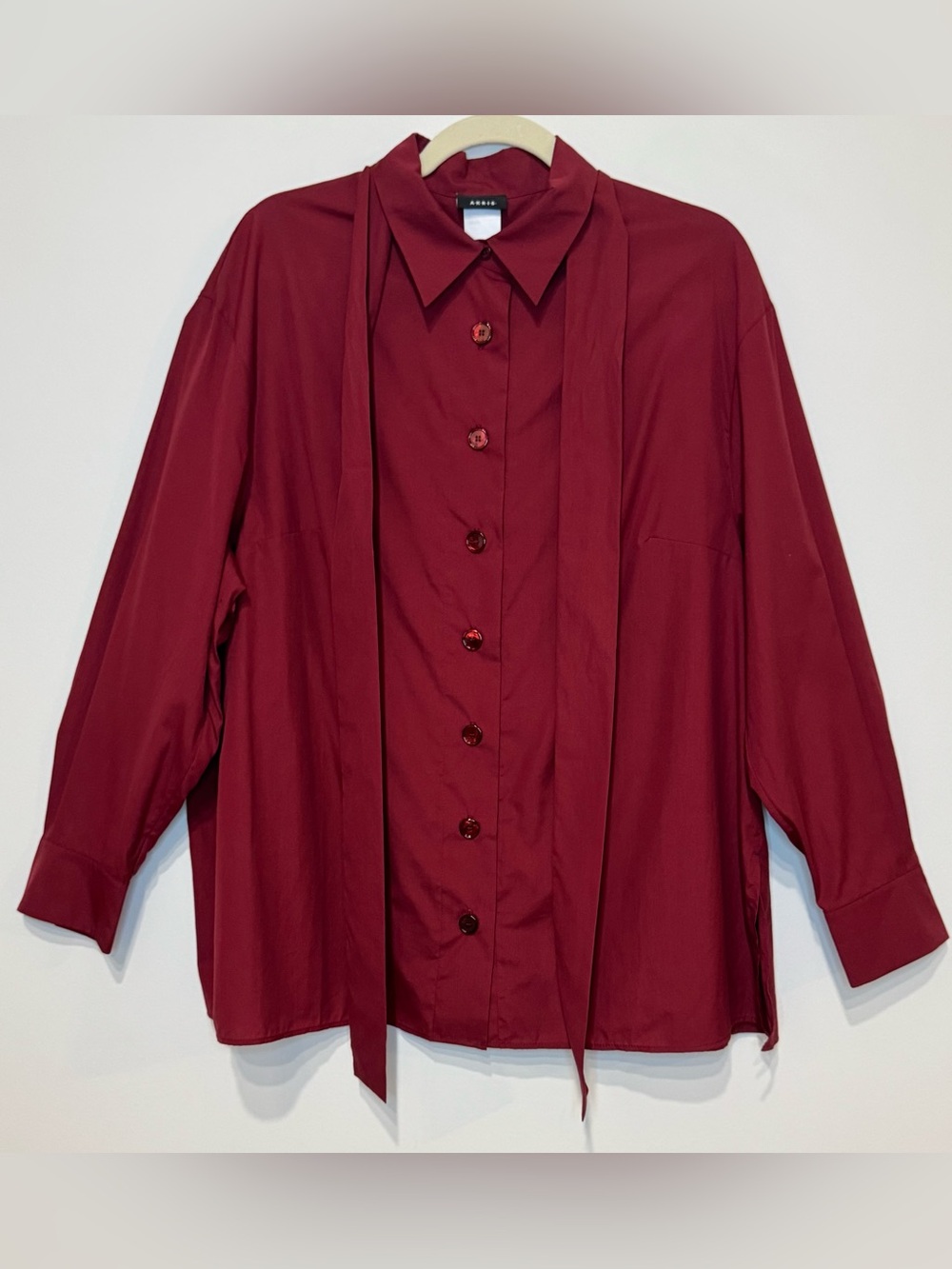 Akris Women’s Burgundy Button Front Collared Neck Tie Poplin Blouse Size 12